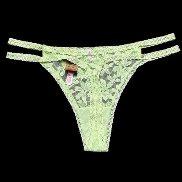 Victorias Secret Pink Sheer Floral Lace Double Strap Thong panty green XXl - Picture 2 of 2